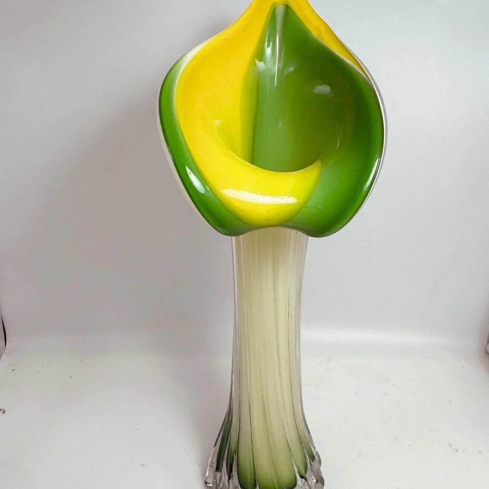 Vintage Hand‎ Blown Glass Calla Lily Vase Yellow Green Frosted Ribbed 11 Inch